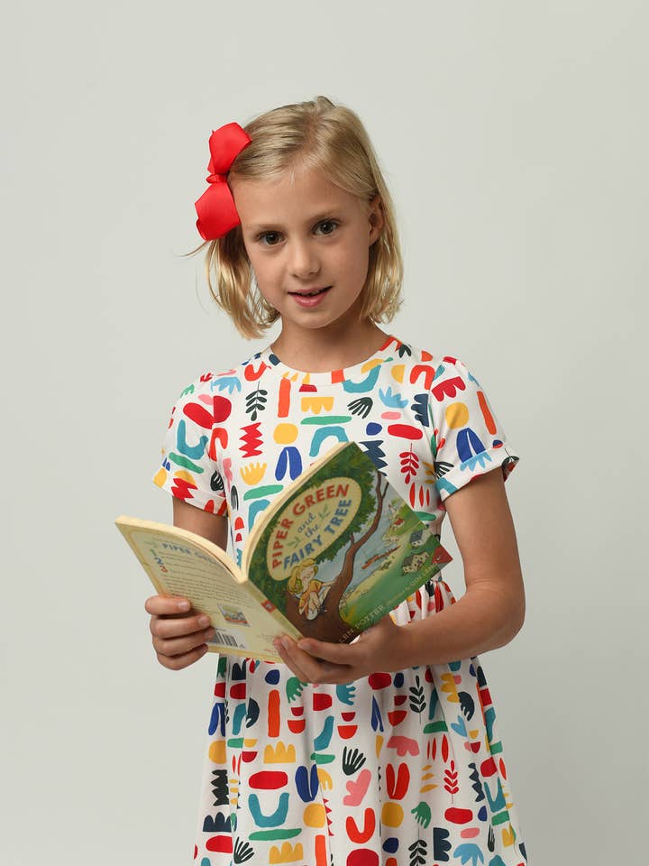 Minna - Wholesale Dress - Kids - Short Sleeve Jersey Twirl Dress - Colorful Retro Shapes6