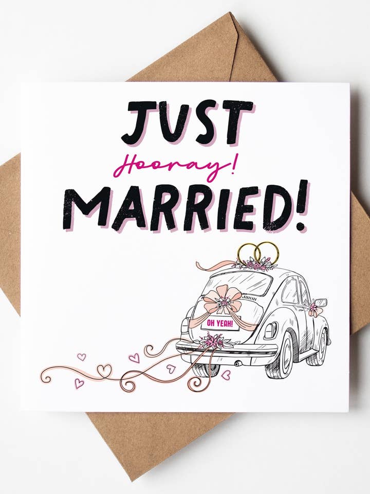 Just Married Hooray! Vintage Fiat Wedding Card for wholesale by Sweary Card Lady