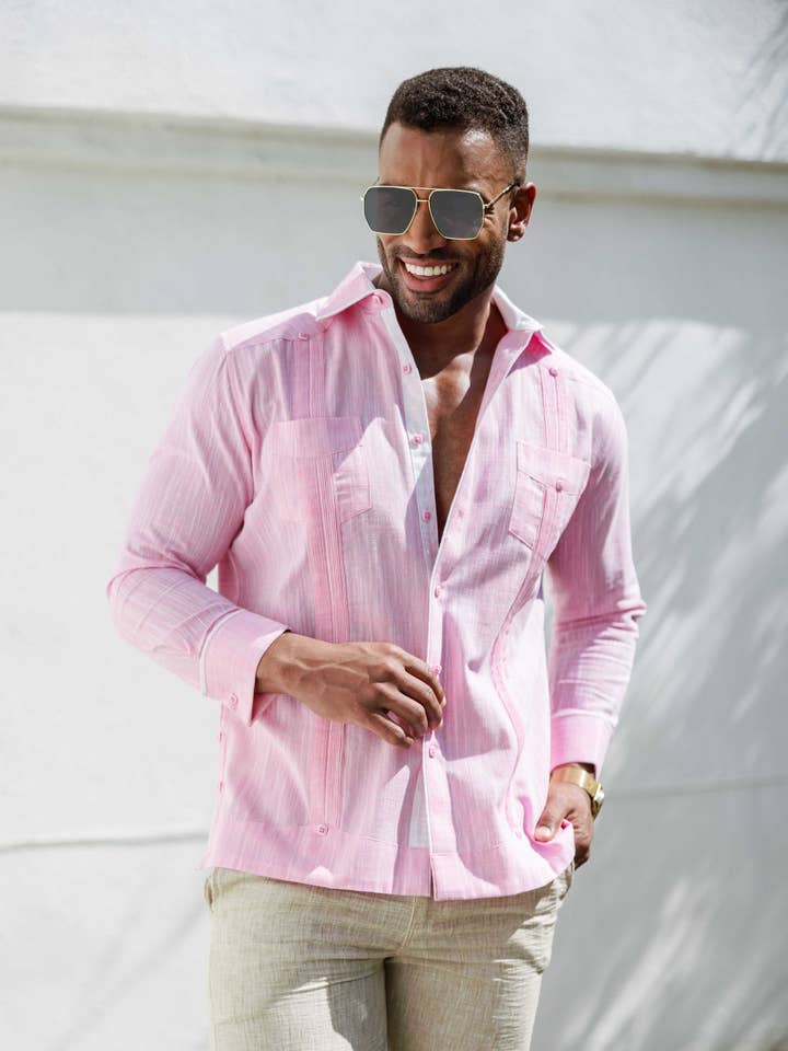 Mojito Men's Cotton Blend Guayabera Chacabana Shirt Long Sleeve with Accent Trim for wholesale by MOJITO COLLECTION