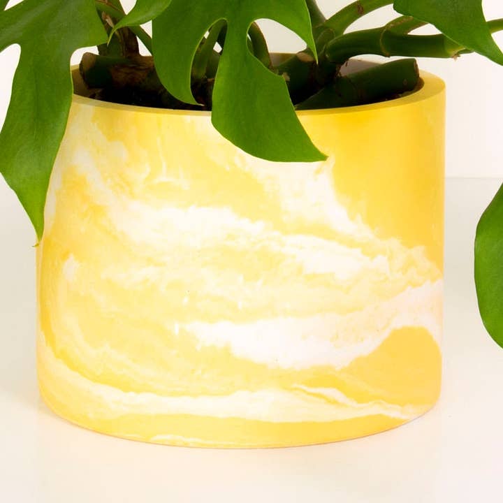 Yellow & White Marbled Jesmonite Round Plant Pot/Planter for wholesale by Lunar Living