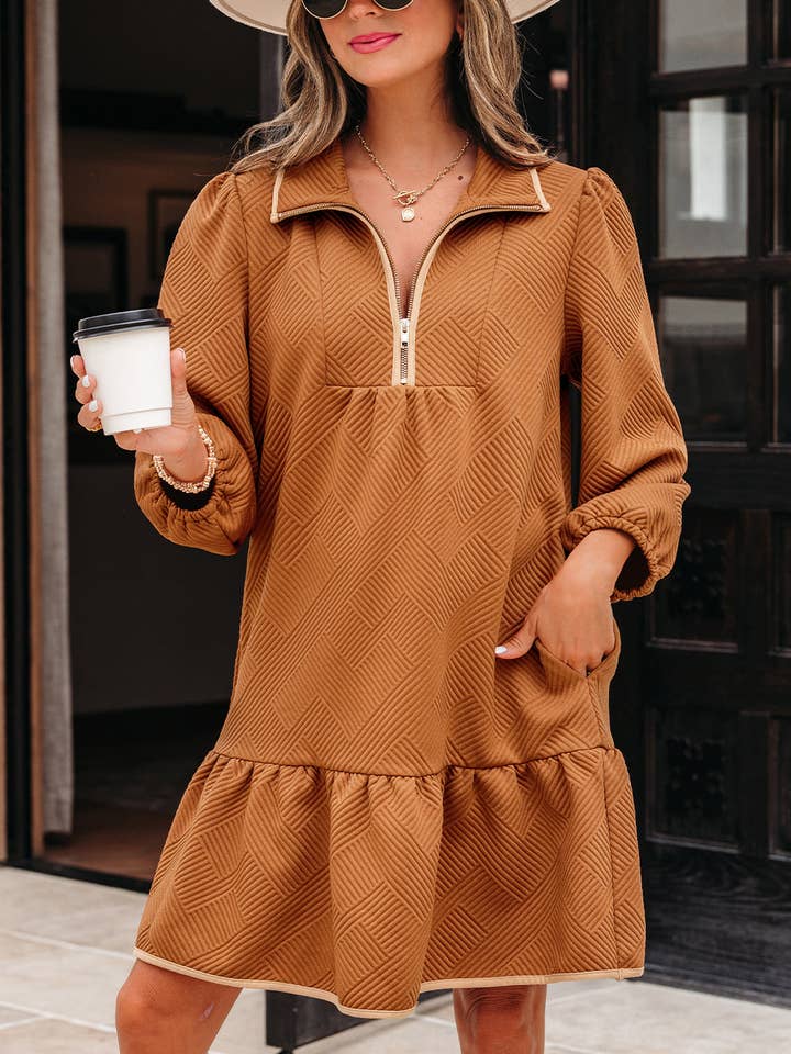 Naomi's Happy Place Shop - Wholesale Dress - Women's - Danielle Zip Collar Textured Mini Dress2