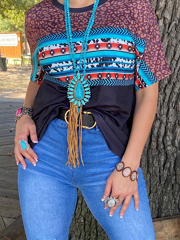 XCH13794 Black/leopard & multi color Aztec printed short sle for wholesale by luluclothes