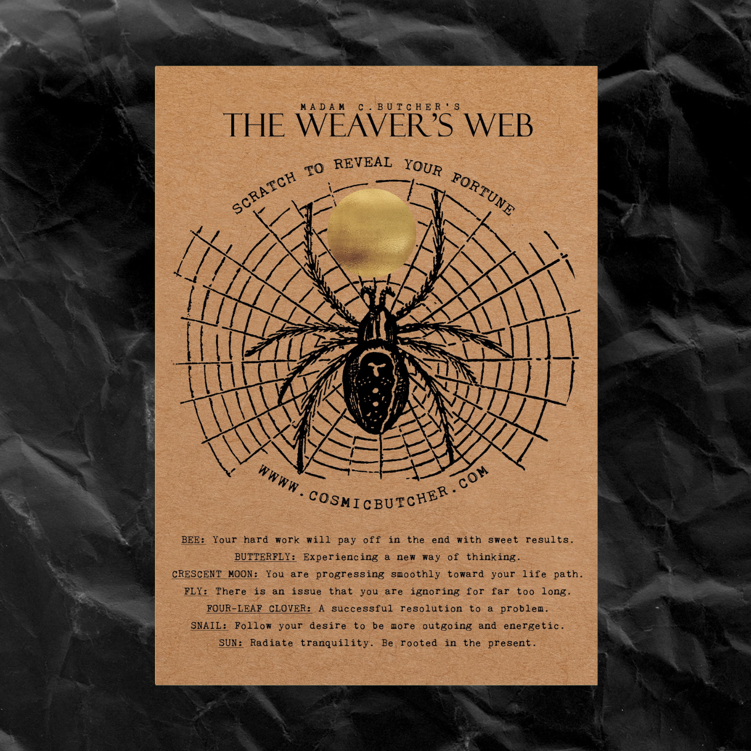 Cosmic Butcher - Wholesale Everyday Greeting Card - “WEAVER'S WEB” Scratch Off Fortune Affirmation Spider Card1