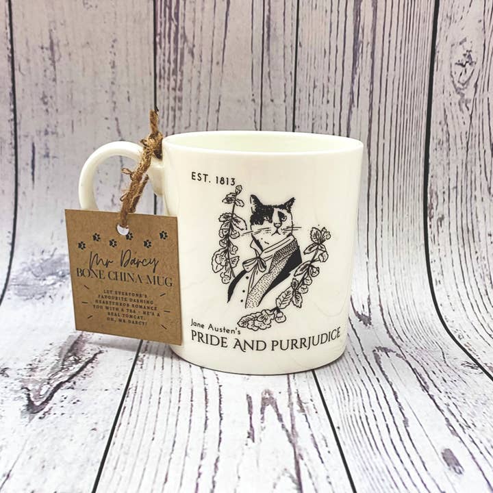 GiftSmith - Wholesale Coffee Mug - Jane Austen's Mr Darcy Literary Cat Bone China Mug3
