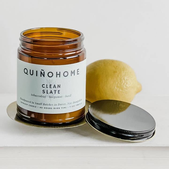 quiñohome - Wholesale Jar/Filled Candle - Clean Slate 7oz Soy Candle Jar// Tobacco Leaf, Bergamot, Basil// Hand Poured Soy Wax// Citrus Candle// Non Toxic Candle//Amber Jar Candle2