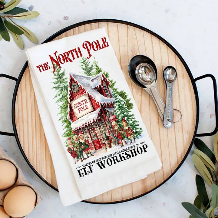 Avery Lane Gifts - Wholesale Tea Towel - Christmas Vintage North Pole Elfs Tea Towel