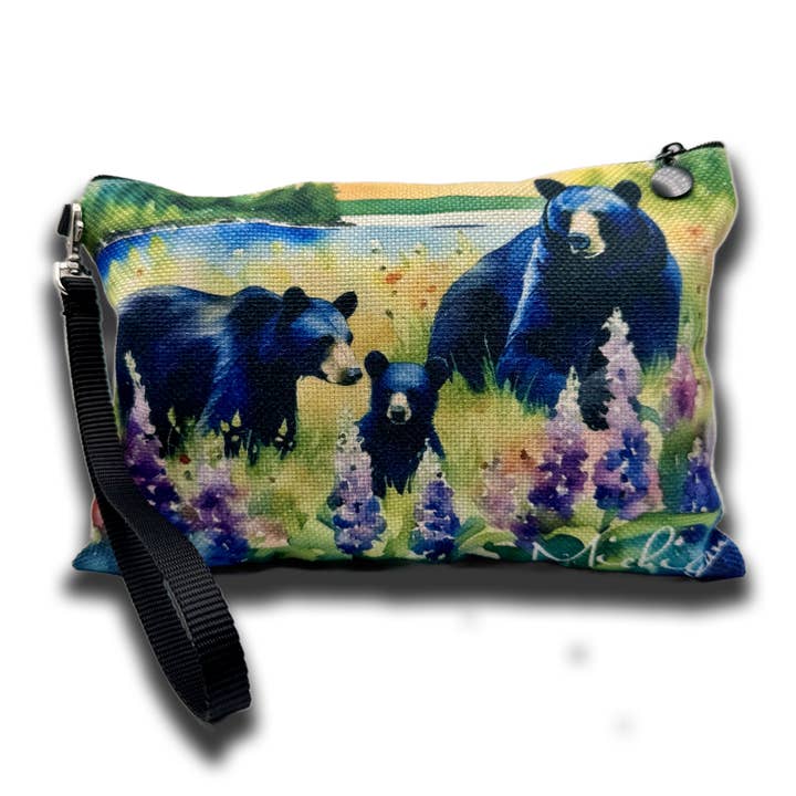 Michigan Black Bears & Lilacs Linen Cosmetic Bag for wholesale by Token Atelier