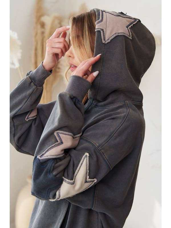 JADE BY JANE - Wholesale Hoodie - Women's - MINERAL WASHED LONG SLEEVE STAR PATCHED HOODIE9