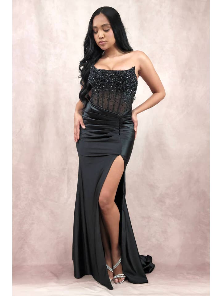 Chicas - Vente Robe de soirée – femme - Robe bustier en satin avec corset à perles et sequins C83128