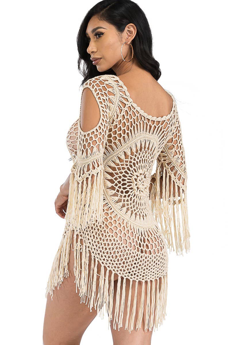 Cap Zone – Großhandel Strandkleid – Damen – Strick-Top mit Fransenbesatz und luftigem 3/4-Ärmel4