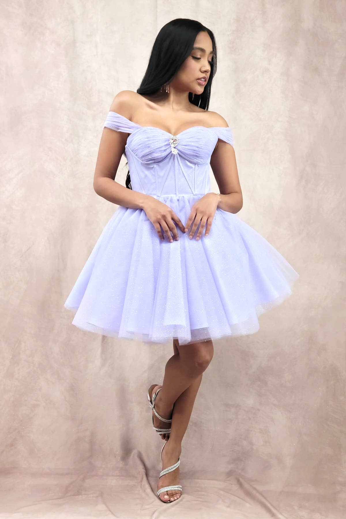 Chicas - Wholesale Dress - Women's - Short Off The Shoulder Tulle Dress With Brooch24