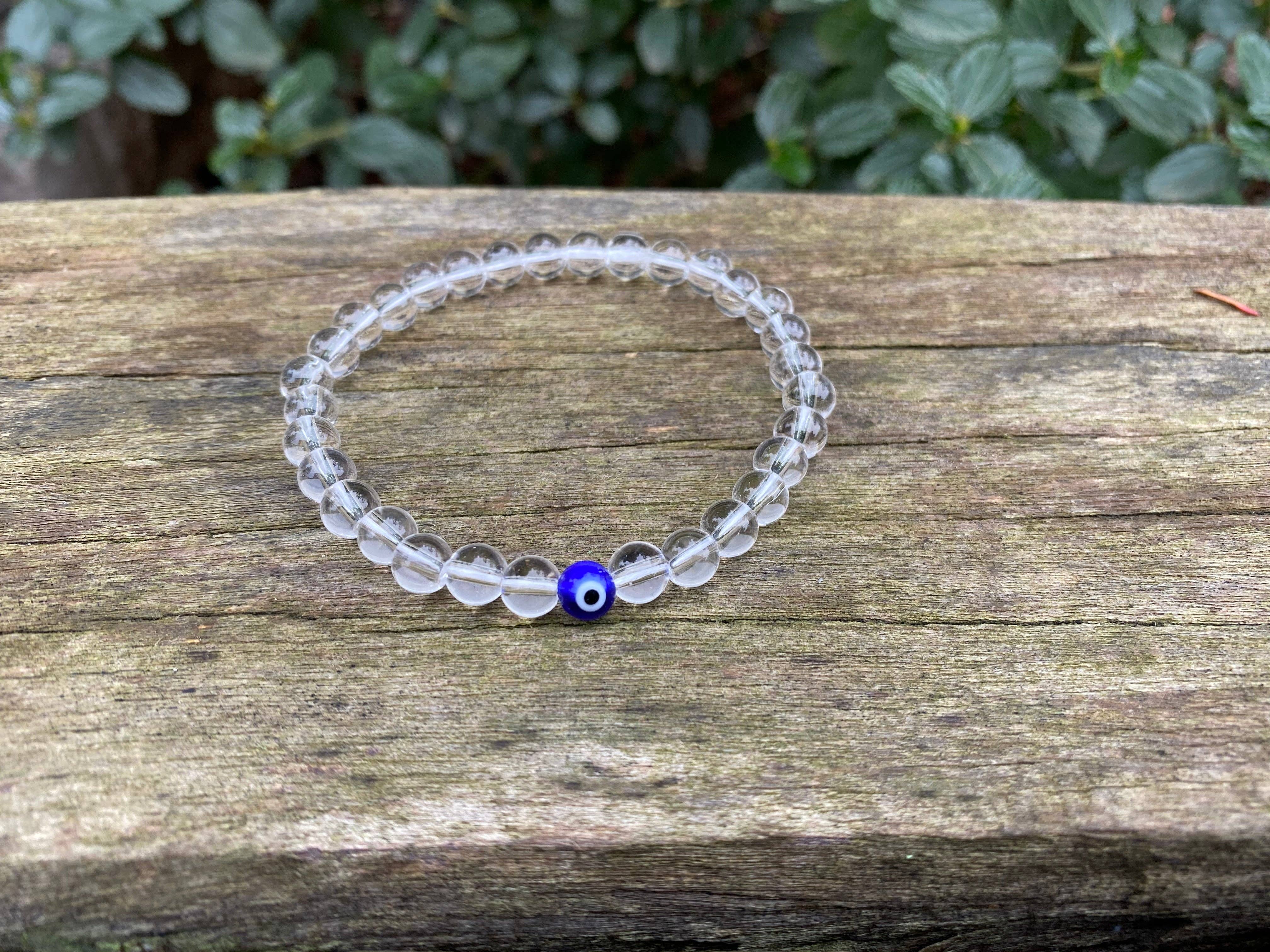 Boutique Bohème - Vente Bracelet de perles - Bracelet élastique de Lithothérapie en Cristal de Roche et Oeil Turc Nazar Boncuk