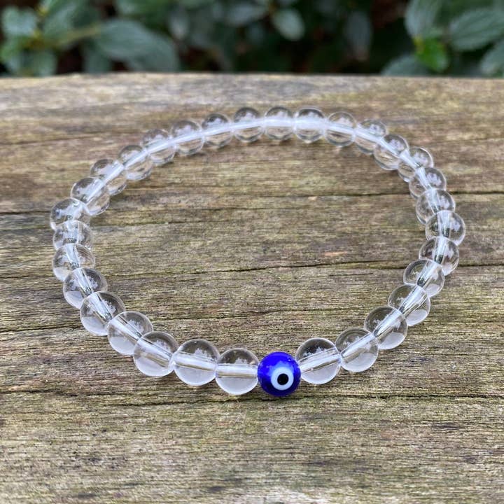 Pulseira elástica de litoterapia de cristal de rocha Nazar Boncuk e olho turco por atacado de Boutique Bohème