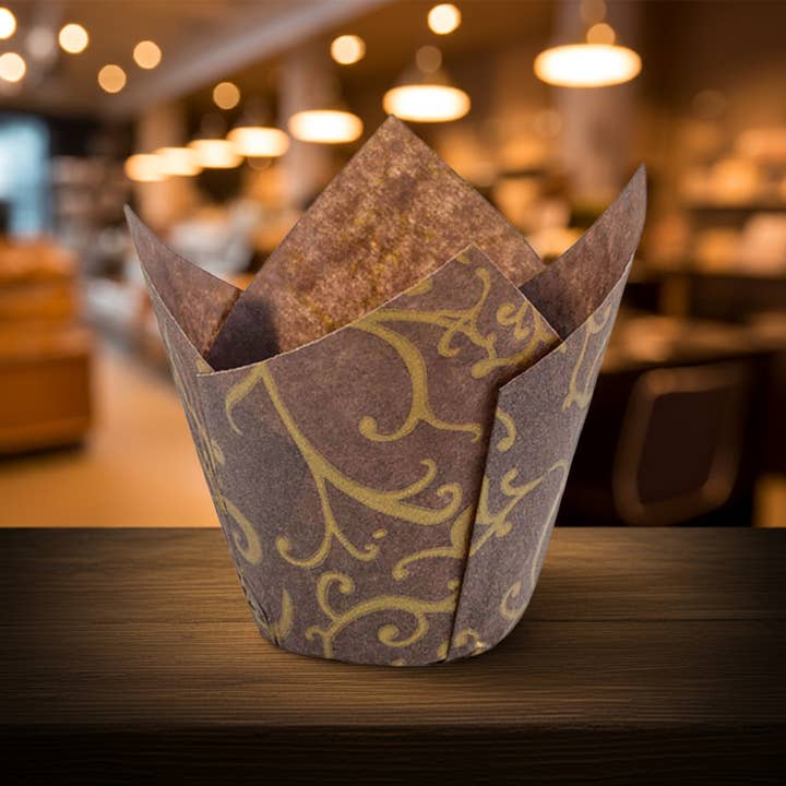 Kitchen Supply Wholesale - Wholesale Cupcake/muffin liner - Gold Scroll Tulip Baking Cups 2x2.5x4 Inches, 200-Pack8