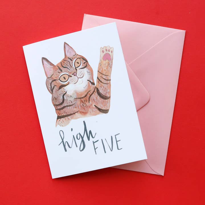 High Five Tabby Cat - celebration A6 Greeting Card for wholesale by Fernandes Makes