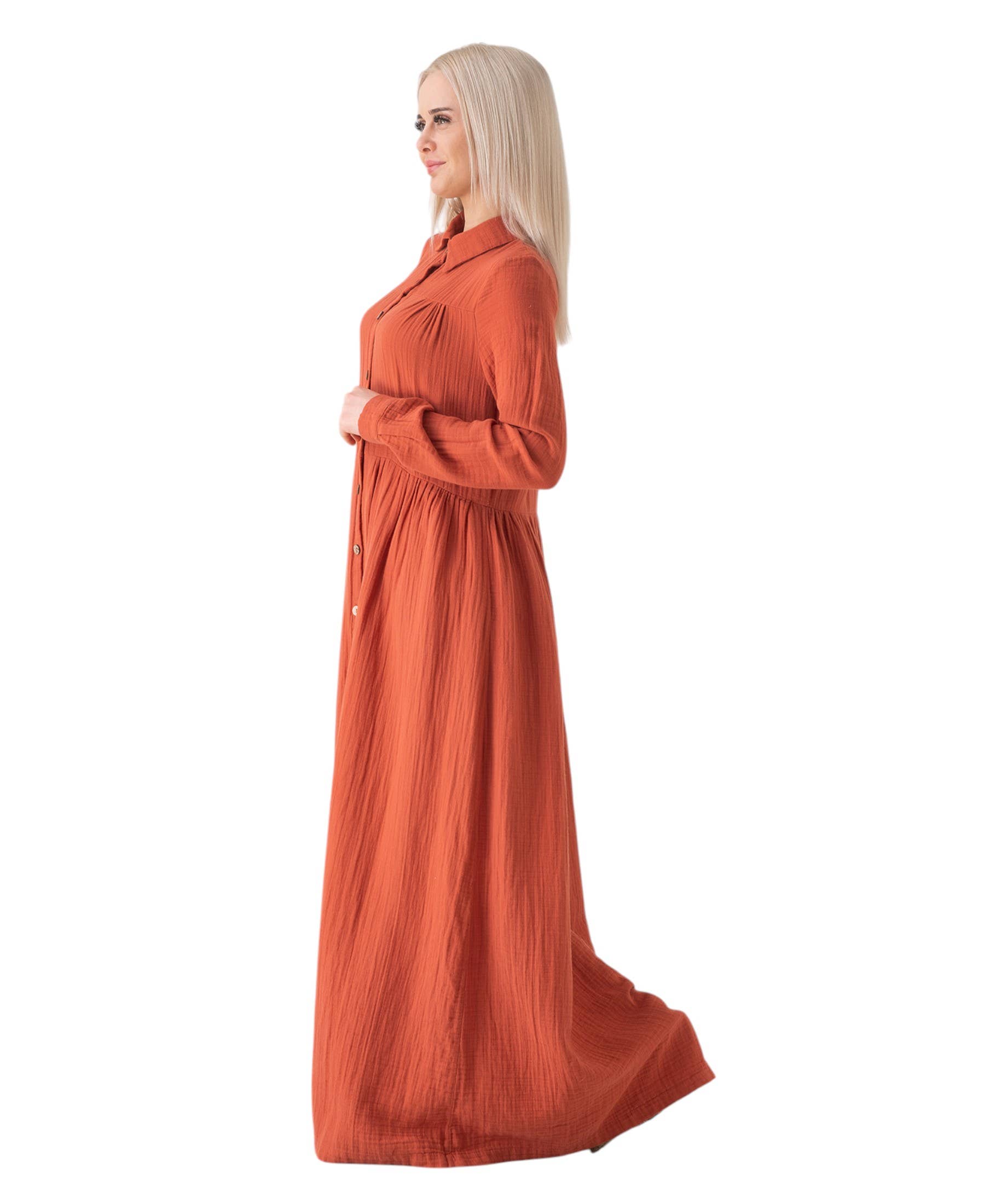 WENOR - Vente Robe – femme - Robe d'été longue en mousseline 100 % coton avec patte de boutonnage, 145 cm26