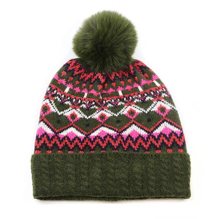 Bonnet à pompon Fair Isle en mélange recyclé kaki mix. pour la vente par Peace Of Mind
