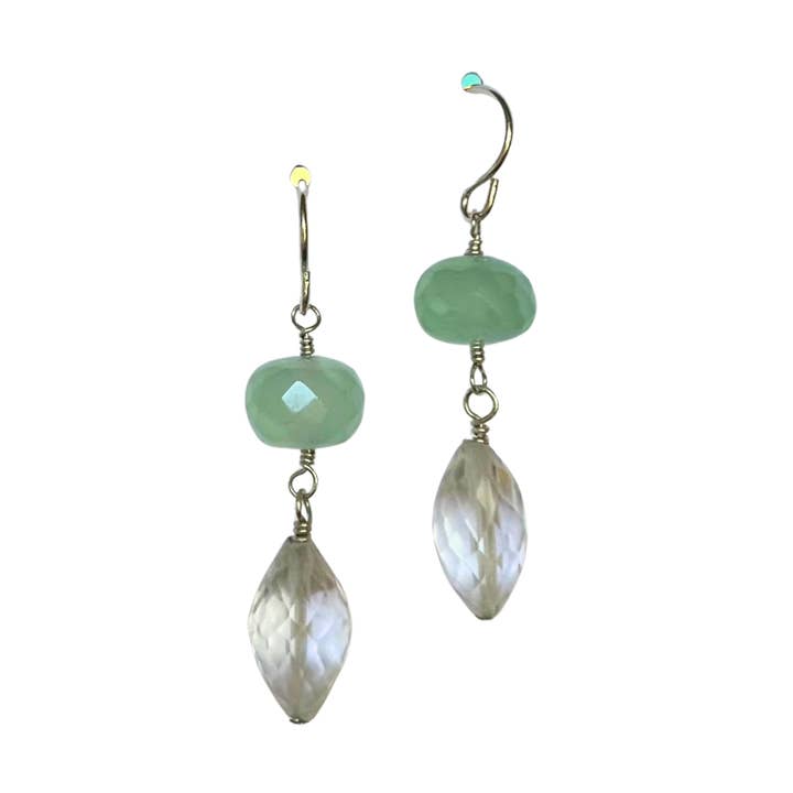 2 Stone Drop Earrings, Chalcedony + Crystal Qrtz, Silver for wholesale by Rain City Forge