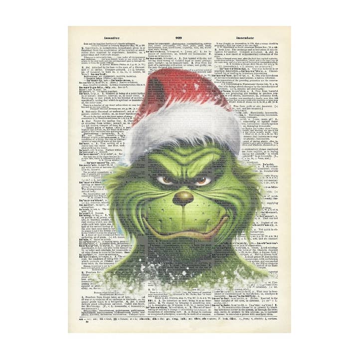 Crazilyhumbledesigns – Großhandel Kunstdruck – Grinch Vintage-Weihnachtsdruck auf Wörterbuchseite