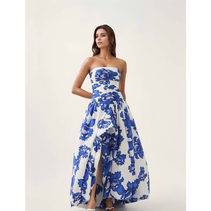 DR951Y Trägerloses Maxikleid mit hohem Schlitz und Print für Damen für den Großhandel von Productseeker