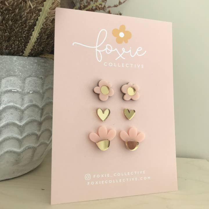 Foxie Collective - Wholesale Jewellery set - Stud Pack Trio #5 | Pale Pink + Gold | WHOLESALE1