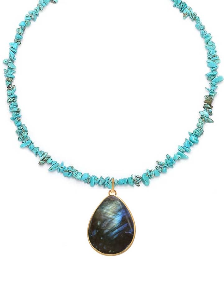 18k Gold Turquoise & Labradorite Gemstone Pear Drop Necklace for wholesale by Stephen Oliver