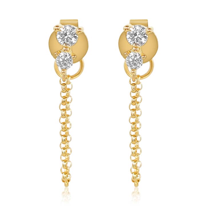 Gouden oorbellen met dubbele tand en diamantvormige lus voor wholesale door Monisha Melwani Jewelry