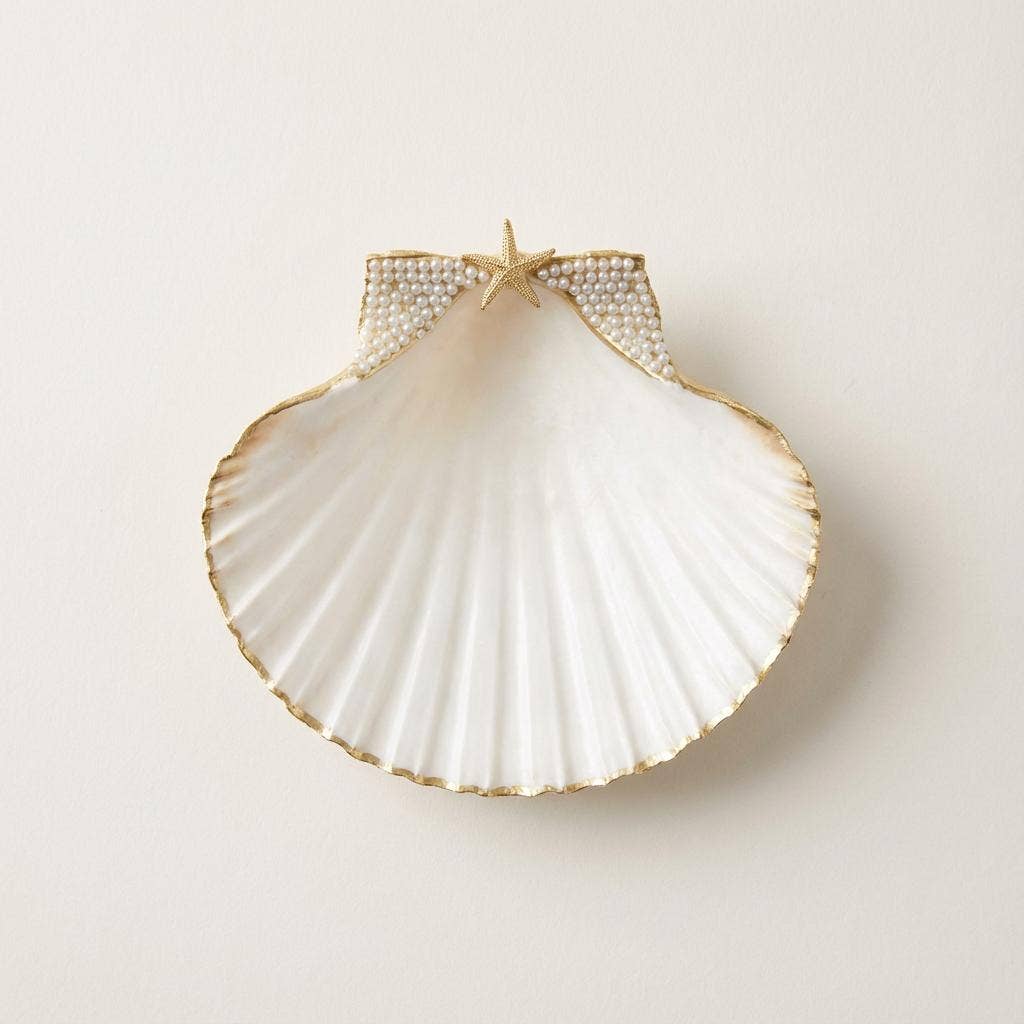 Shell Yeah By Jaks LLC – Prato de joias por atacado – Prato de Bugigangas em Forma de Concha de Vieira Pearl Star – Borda Dourada