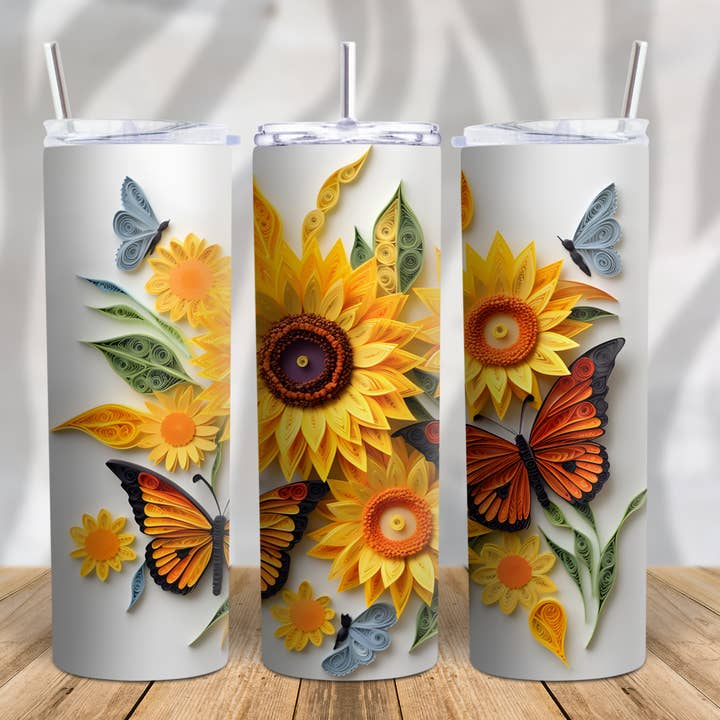 3D Style Sunflowers and Butterflies 20oz Tumbler for wholesale by GrapeVineWholesale