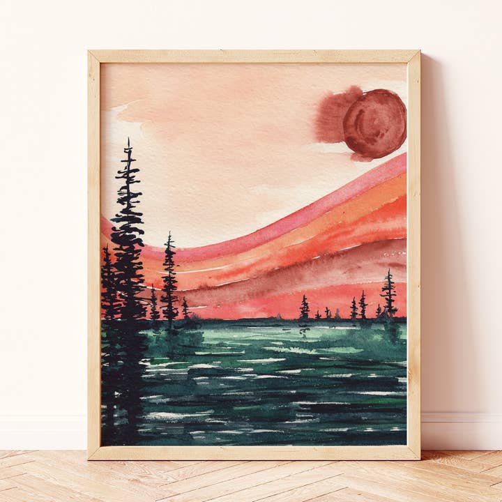 Bohemian Retro Rainbow Lake Art Print for wholesale by Paperbec Design Co.