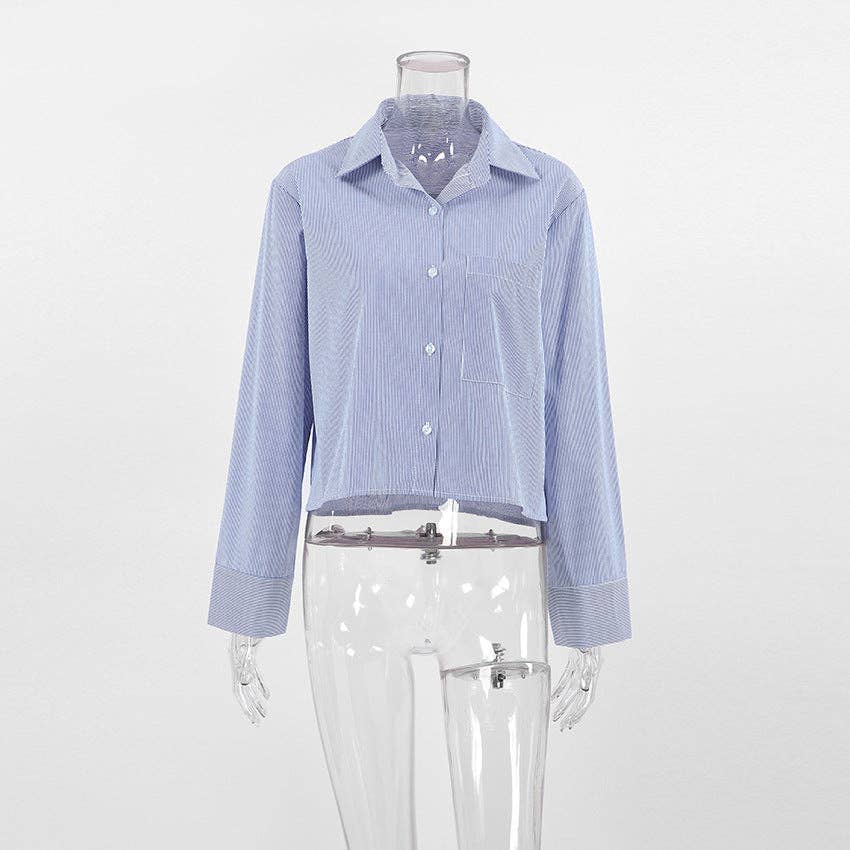 Bleu Chemise courte rayée à manches longues pour femmes SKT270 en vente sur Faire8