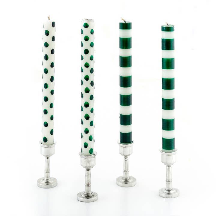 Thumbprint Artifacts - Wholesale Tapered Candle/Candlestick - Green Dots & Stripes Tapers - Gift Box of 4