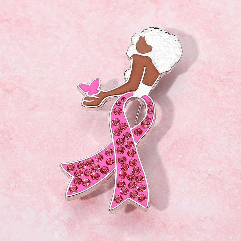 Sensibling Corp. - Wholesale Brooch - Stone Paved Pink Ribbon Enamel Afro Woman Pin Brooch4