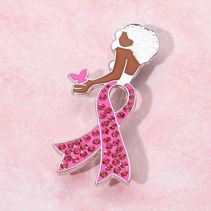 Sensibling Corp. - Wholesale Brooch - Stone Paved Pink Ribbon Enamel Afro Woman Pin Brooch4