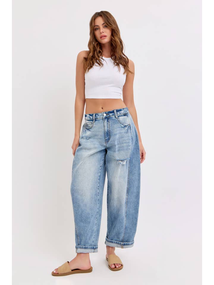 Cello Jeans - Wholesale Jeans - Women's - WV79502BR-MD Mid Waisted Barrel Jeans with Side Panels