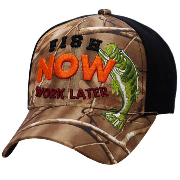 Cap Zone - Wholesale Baseball Cap - Unisex - Fish Now Work Later Hunt Camo Acrylic Baseball Cap