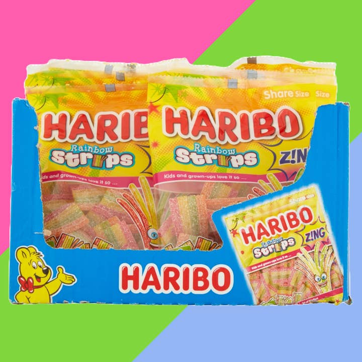 Gaffney's Sweets & Treats Wholesale - Wholesale Gummy - Haribo Rainbow Strips Z!ng Share Bags 12x130g
