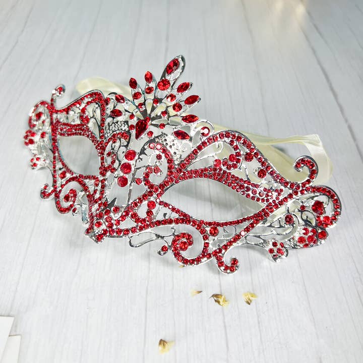 Happy Dream Gifts - Wholesale Costume - Women's - Masquerade Mask Luxury Red Crystal, Rhinestone Silver Mask