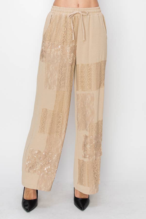 TAUPE Relaxed Lace Patchwork Pants With Elastic Drawstring - 4703TAUPE for wholesale on Faire1