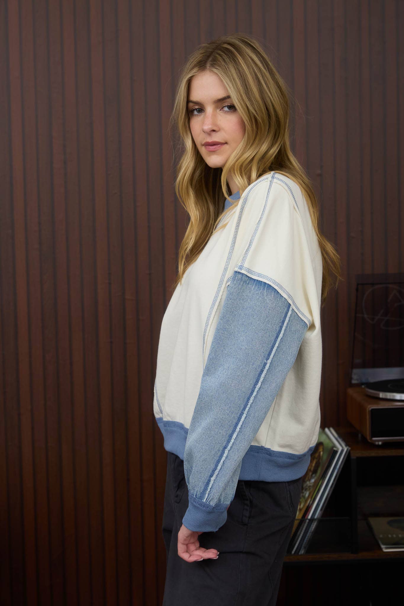 CREAM MULTI MIX MEDIA DENIM SLEEVE KNIT TOP for wholesale on Faire2