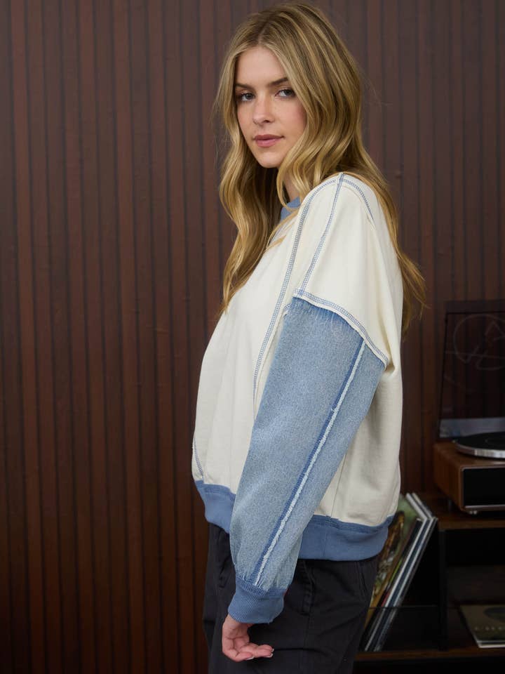 CREAM MULTI MIX MEDIA DENIM SLEEVE KNIT TOP for wholesale on Faire2