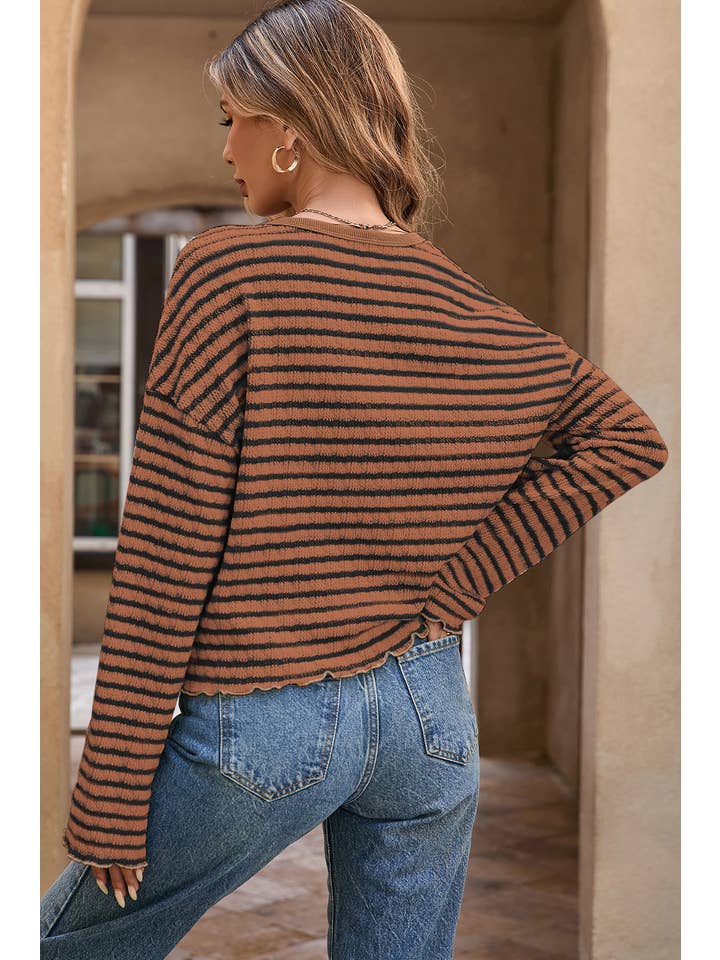 Little Daisy Closet - Wholesale Knit Top - Women's - LDC Stripe Frilly Trim Buttons Henley Long Sleeve Top