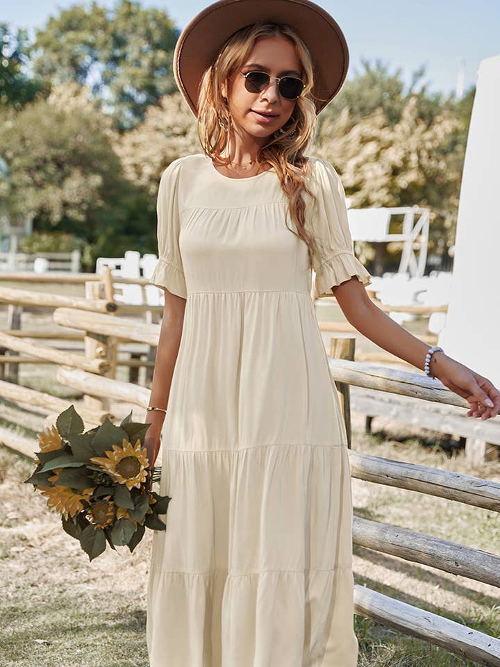 Supreme Fashion – wholesale Dress – Women's – Flowy Pleated Short Sleeve Solid Midi Dress1