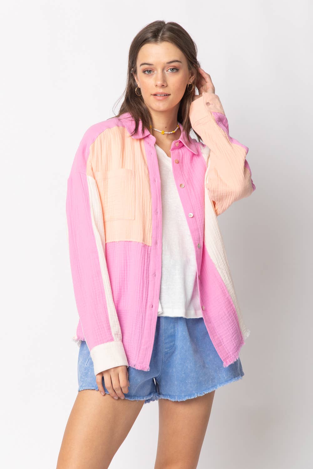 VERY J - Wholesale Button Down Shirt - Women's - NT10324-Color Blocked Button Down Shirt11