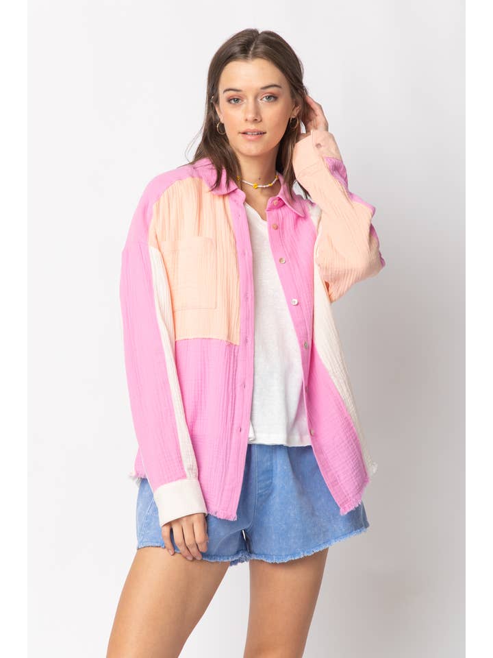 VERY J - Wholesale Button Down Shirt - Women's - NT10324-Color Blocked Button Down Shirt11