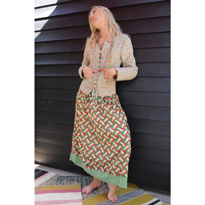 Long cotton skirt DODO red and green pattern for wholesale by B A O B A B - Mode