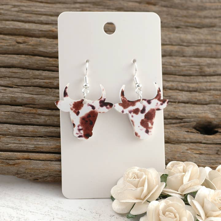 Cow Earrings Steer Dangle Post Western Cowboy Acrylic for wholesale by Rocky Mountain Shops