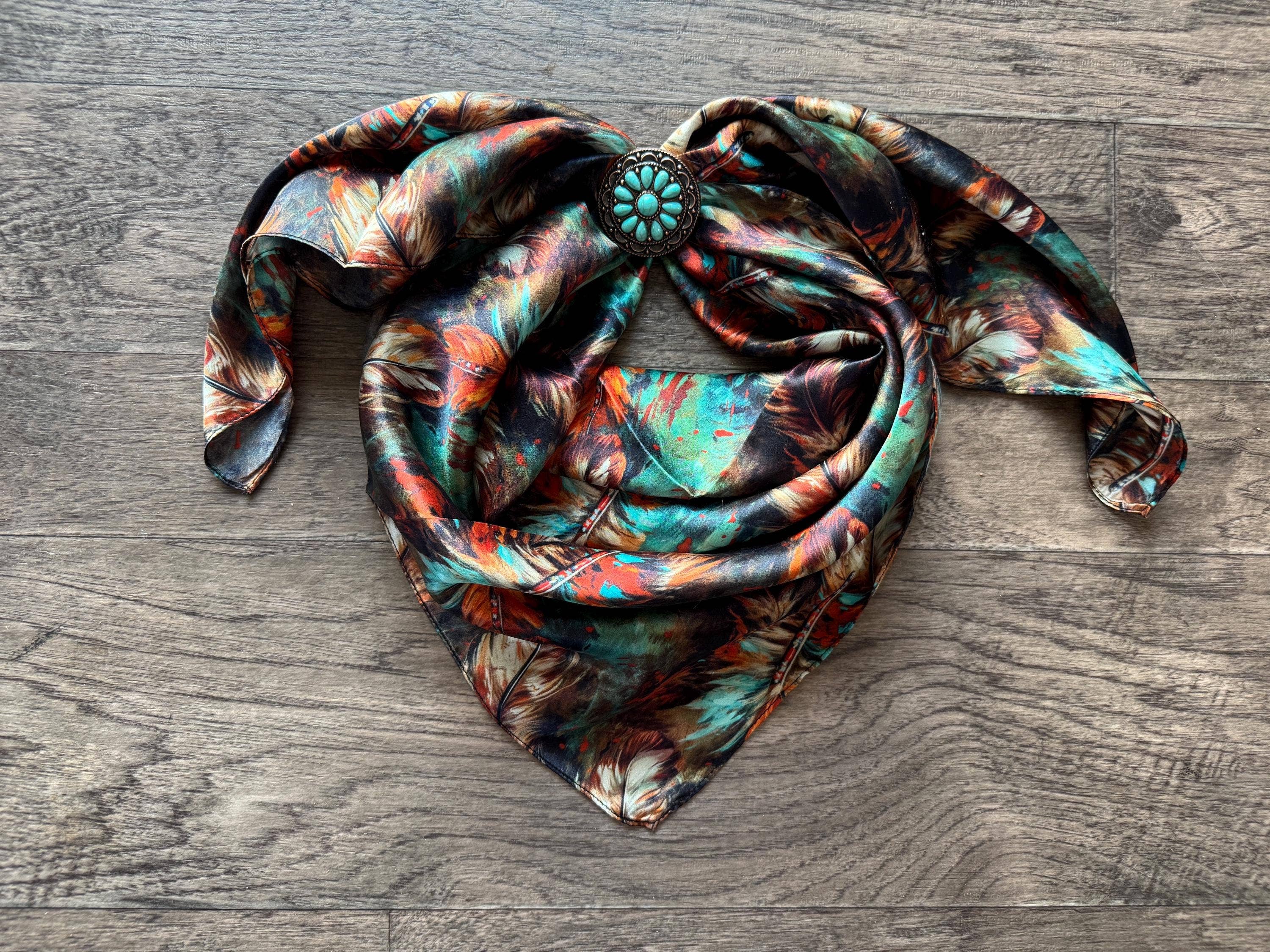 Double B Wild Rags - Wholesale Scarf - Women's - 100% Silk Wild Rag Deep Rust Brown and Teal Feathers by Double B Wild Rags6