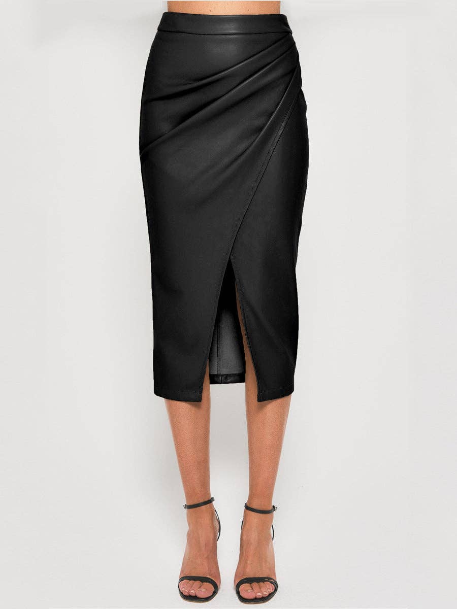 safistyle - Wholesale Skirt - Women's - Ruched Faux Leather Split-Hem Midi Skirt7