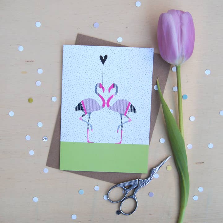 Flamingos Greetings Card - Flamingo Illustration for wholesale by Lucy Alice